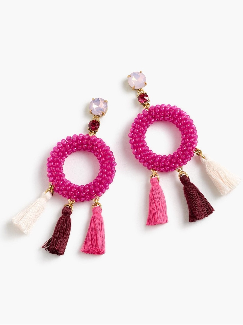 J. Crew Hot Pink Beaded Hoop Tassel Earrings